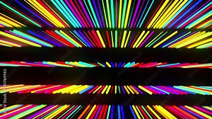 Festive vj loop with multicolored particles and smooth animated camera. Abstract 3d loop background with glow particles lined up in a row along lines in 3d space. Motion design background.