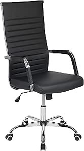 Flash Furniture High Back Black LeatherSoft Mid-Century Modern Ribbed Swivel Office Chair with Spring-Tilt Control and Arm Wraps