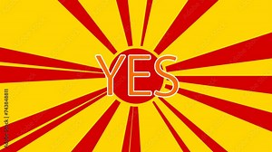 Yes symbol on the background of animation from moving rays of the sun. Large orange symbol increases slightly. Seamless looped 4k animation on yellow background
