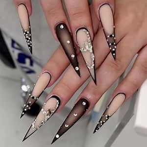 MISUD Press on Nails - Long Stiletto Glue on Nails with Goth Black Ombre, Acrylic Rhinestone Design 24 pcs
