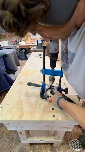 Using the ‪@rockler‬ drill guide to add bench dog holes to our work bench ✨ #woodworking
