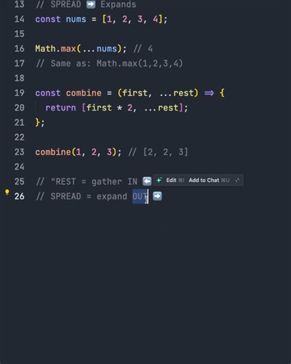 Same syntax (...) but OPPOSITE meanings! 勞 REST ⬅️ = Collects items INTO an array SPREAD ➡️ = Expands items OUT of array Save this!  #javascript #coding #spreadoperator #restparameters #es6 #programming #webdev #javascripttutorial #codingforbeginners #tech | Fullstack Flow | Facebook