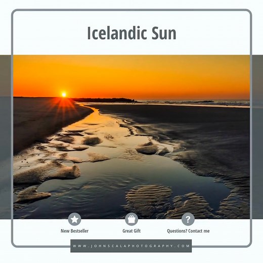 "Icelandic Sun" // https://www.johnscalaphotography.com/warehouse/art_print_products/untitled-folder-2-rydyvvnrlog Introducing "Icelandic Sun", a breathtaking capture of a serene sunset over a tranquil Icelandic beach. This image embodies the beauty of nature's transitions, evoking a sense of calm and awe. My passion for photography and dedication to mastering the art is evident in my work, resulting in prestigious awards and recognition. Influenced heavily by the ocean, my images often feature 