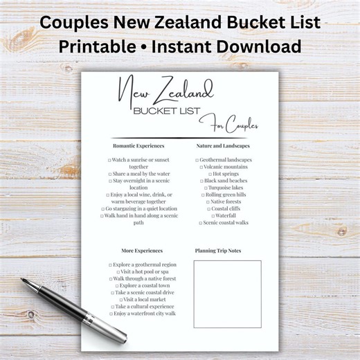 New Zealand Couples Bucket List Printable | NZ Travel Checklist for Couples | Romantic Trip Planner | Instant Download - Etsy