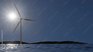 Wind turbine on the ocean. Blue clear sky and bright sun over wind turbine. 3D rendering green energy animation with empty copy paste space.