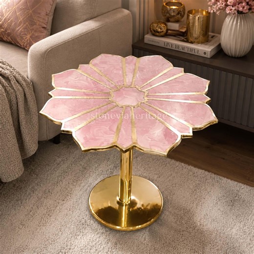 Rose Quartz Side Table – Pink Gemstone Accent Table With Luxury Brass Base - Etsy