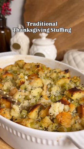 Traditional Thanksgiving Stuffing Recipe | Part 1 of My Thanksgiving Series ✨ The classic holiday side dish made with French bread, fresh herbs, and buttery, golden edges. Ingredients • 1 loaf of French bread (about 9–10 cups), cut into large cubes • 2–3 tbsp olive oil • 1 tsp garlic powder • 1 tsp dried thyme • ½ tsp sea salt (for bread) • 1 stick (½ cup) unsalted butter • 1 yellow onion, diced • 4 celery stalks, diced • 4 garlic cloves, minced • 2–3 fresh sage leaves, finely chopped • ½ tbsp f