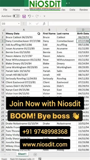 Master Excel like a PRO with NiOSDiT’s Advance Excel Course 🚀 Still typing everything manually? Let Flash Fill do the magic for you! ⚡ 🏃‍♂️ Get in and out quick with powerful Excel tricks that save time and boost productivity. Learn Smart Tools like: ✔ Flash Fill ✔ Advanced Formulas ✔ Data Analysis ✔ Reporting & Automation Upgrade your skills, increase your job value, and work faster than ever! 💼📊 Click above to grab our 101 Best Excel Tips & Tricks Book and take your Excel skills to the nex