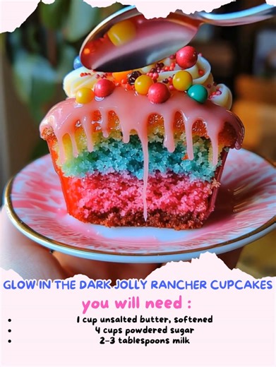Glow in the Dark Jolly Rancher Cupcakes Magical Glow-in-the-Dark Cupcakes with Jolly Rancher Candy Toppers Ingredients: For the Cupcakes: 1 box white cake mix (15.25 oz), plus ingredients listed on the box Neon or glow food coloring (green, pink, blue, yellow) Cupcake liners For the Frosting: 1 cup unsalted butter, softened 4 cups powdered sugar 2–3 tablespoons milk 1 teaspoon vanilla extract Neon or glow food coloring (matching or contrasting with cupcake colors) For the Jolly Rancher Toppers: 