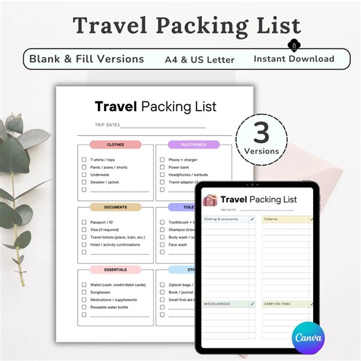 Printable Travel Packing List, Travel Essentials Checklist, Travel Itinerary PDF, Travel Planning Template, Family Vacation Travel Plan - Etsy
