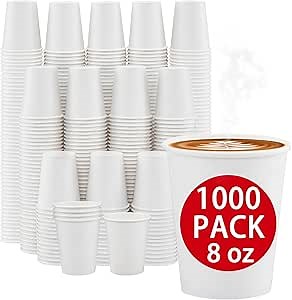 Clawsoff 1000 Count Paper Cups 8 oz, Disposable Coffee Cups Bulk, Thickened Durable Drinking Cups for Hot or Cold Beverage, Home, Office, Party, Business, Events, White