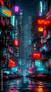 Abstract night city background in cyberpunk style, seamless VJ loop, Vertical DJ backdrop, color dynamic screen, energetic neon atmosphere