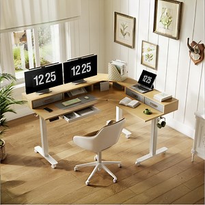 INNOVAR Dual Motor 63" L Shaped Standing Desk with 4 Drawers, Sit to Stand Study Desk Electric Height Adjustable Stand up Computer Desk with Monitor Stand & Splice Board, White Frame/Nature Top