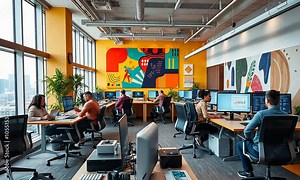 Interior of an Unoccupied Modern Loft Office Modern office footage of an open office space. Design of a contemporary open-concept lobby meeting room and reception area.