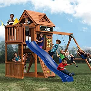 Swing-N-Slide PB 9243 Turbo Racer Wooden Swing Set with Slide, Climbing Wall, Swings, Activity Panel and Wood Roof, Blue Slide (Amazon Exclusive)