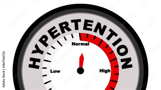 Hypertension text or word shown with a barometer or tachometer-style gauge, representing varying levels of high blood pressure and its impact on cardiovascular health and risk for complications