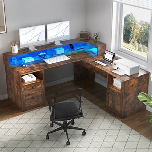 Dextrus L Shaped Computer Desk with Power Outlet&LED Lights&File Drawer, 59 '' Corner Computer Table with Hutch& Storage Shelves, Gaming Desk Office Desk with Lift Top for Home Office, Rustic Brown
