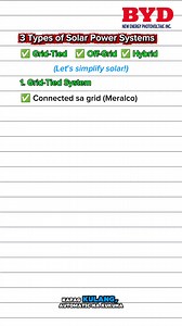 Tatlong klase ng Solar Power System Alin ang bagay sa’yo? ☀️ Grid-Tied ⚡ Off-Grid 🔋 Hybrid 🌞 Alamin sa video kung alin ang swak sa bahay o negosyo mo! 📍 1195 Benavidez St., Santa Cruz Manila 📞 0927 791 1041 | 0995 3886 101 📞 0905 4911 576 | 0995 3886 232 📞 0905 4911 575 | 0995 3886 096 📞 0956 348 8448 | BYD New Energy Photovoltaic Inc.