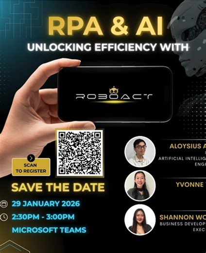 SAY GOODBYE TO INEFFICIENCY! ❌ Your most productive year starts here! Discover how Robotic Process Automation (RPA) and Artificial Intelligence (AI) can handle the grunt work, letting your team focus on what truly matters. 🤔 Learn where automation delivers the biggest impact 💥 and how to implement it quickly! No matter your industry, this webinar will show you how to supercharge productivity and stay ahead of the curve. 💪 📅 Date: Thursday, 29 January 2026 ⏰ Time: 2:30–3:00 PM (SGT) 📍 Locati
