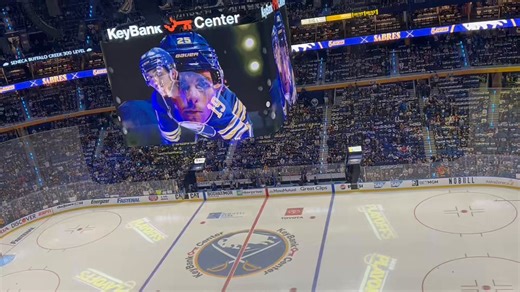 BREAKING: Check this out, Buffalo. No more drought. The #Sabres take the ice in KeyBank Center to warm up for a game in the Stanley Cup Playoffs for the first time since April 24, 2011. All raise your sticks to RJ in the top shelf of Hockey Heaven.
