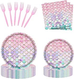 Askljeby 96 Pcs Mermaid Birthday Party Decorations Plates Set for 24 Guests,Little Mermaid Party Supplies Ocean under the Sea Tableware Plate, Fork, Napkins for Princess Girls Baby Shower