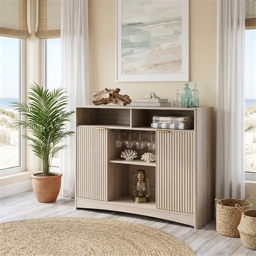 Natural Oak Bar Cabinet, Modern Buffet Sideboard With Fluted Doors - Etsy