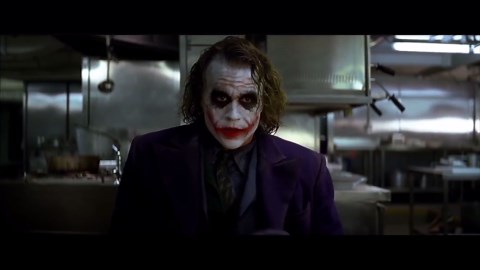 Heath Ledger as the Joker performs grisly pencil trick in The Dark Knight
