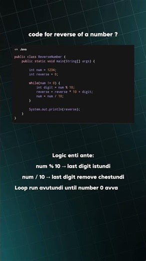 code for reverse of a number?#java #javacodinginterview