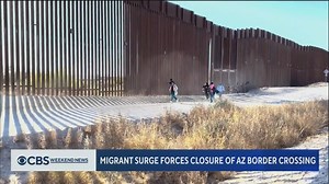 The historically remote Lukeville, Arizona crossing at the southern border has been closed due to a recent surge of migrants, and Governor Katie Hobbs is demanding more resources from the Biden administration. | CBS Evening News