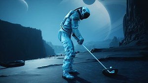 clip-1057518952-astronaut-explorer-playing-golf-on-beautiful-alien