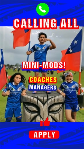 Afio Mai, Welcome to all MINI-MODS Coaches & Managers for 2025. We are seeking STAFF to help deliver MINI-MOD teams for 2025 season for our up coming tournaments. MINIS Under 6s - Under 9s MODS Under 10s - Under 12s Please email your details to either Coach or Manage to the appropriate details below: MINIS: toasamoaminis25@gmail.com MODS: toasamoamods25@gmail.com Your time and support will contribute hugely to the next junior Samoa pathways 🇼🇸 Manuia le vaiaso #samoamosamoa | Rugby League Samo