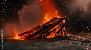 Flying Embers from fire. Closeup of burning hot bonfire fire sparks. Fire particles over black background with smoke. Glowing orange and red embers dance in the air, swirling in the dark