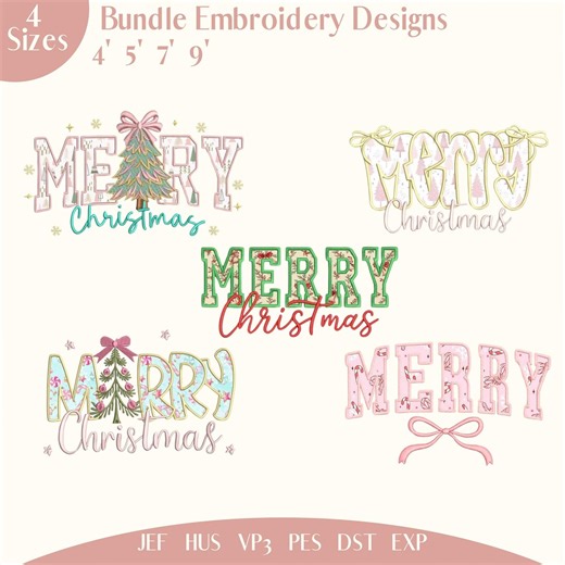 Merry Christmas Applique Embroidery Design, Festive Holiday Letters With Bows Embroidery File, Merry Christmas, Coquette Bow, Holiday Gift - Etsy
