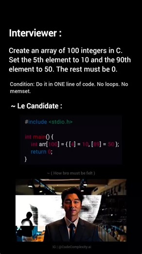 ✅ Code explanation:​Most students would create the array and then manually assign values like arr[4] = 10;.​This is called Designated Initialization (introduced in C99). 1) ​Precision: You can target specific indices directly inside the { } block using [index] = value. 2) ​Zero-fill: Any index you don't mention is automatically initialized to 0. 3) ​Industry Use: This is heavily used in Linux Kernel drivers to initialize large configuration structures without writing 50 lines of code.​Clean, con