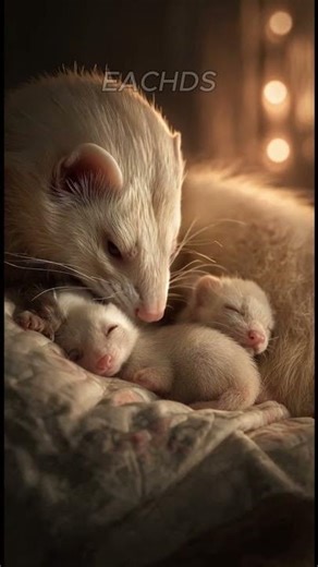 a cute family of albino ferrets