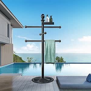 Outdoor Pool Towel Rack, 6 Bars Metal Heavy Duty Never Tilt Pool Accessories with Heavy Metal Base, Hot Tub Accessories Towel Rack Towel Stand for Pool, Spa (Top Basket Included), Black