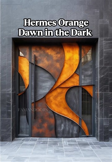 Wood grain art aluminum door,Hermes Orange Dawn in the Dark , High contrast colour matching, The most eye-catching star. We are manufacturer. We make all-aluminum doors, pivotdoors, and customised doors. #entrancedoor #pivotdoor #art #safetydoor #artist