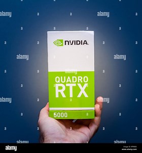 Paris, France - Feb 20, 2019: Man holding cardboard of latest Nvidia Quadro RTX 5000 workstation professional video card GPU for professional CAD CGI scientific machine learning side view Stock Photo - Alamy