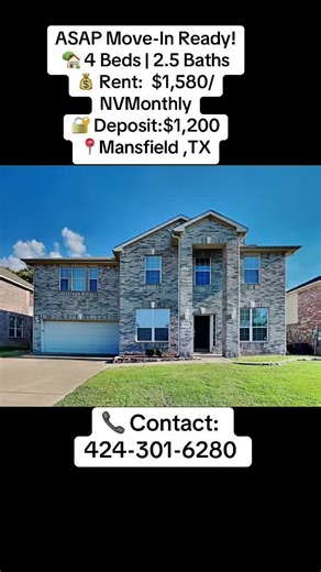 🏡 STUNNING 4 BEDROOM HOME FOR RENT IN MANSFIELD, TX! ✨ Welcome to this spacious and beautifully maintained 4 bedroom, 2.5 bathroom home located in one of Mansfield’s desirable neighborhoods! This gorgeous property features a modern open floor plan, stylish kitchen, large living spaces, cozy bedrooms, updated bathrooms, and plenty of room perfect for families and entertaining guests. 🌟 📍 2006 Windcastle Dr, Mansfield, TX 76063 💰 Rent: $1,580/month 🔐 Deposit: $1,200 📞 Contact: 424-301-6280 M