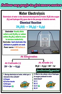 74K views · 699 reactions | "Electrolysis of water splits H₂O into hydrogen and oxygen using electricity! ⚡ A simple and powerful method to understand redox, ionic movement, and gas evolution at electrodes — perfect for chemistry revision." #ElectrolysisOfWater #WaterElectrolysis #ChemistryNotes #InorganicChemistry #RedoxReactions #Electrochemistry #ScienceExplained #NEETPrep #fblifestyle | Josh Study point | Facebook