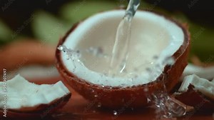 Slow motion of drop falling inside isolated raw half coconut fruit white pulp, meat or flesh filled with clean water creating ripples and splash on summer nature and nature reflection