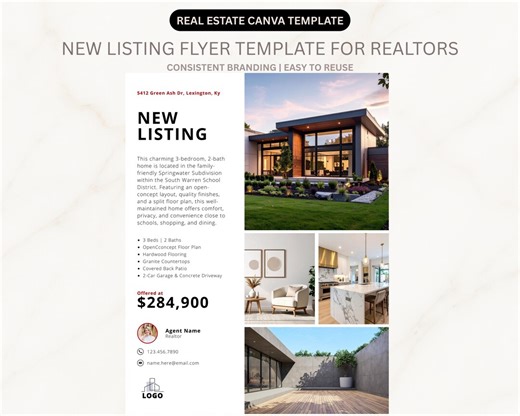 New Listing Real Estate Flyer Template | Editable Canva Marketing for Realtors - Etsy