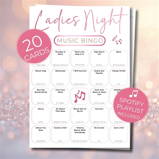 Ladies Night Music Bingo Printable, Fun Girls Night Galentine Game With 20 Cards   Spotify Playlist - Etsy UK