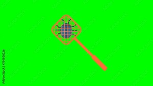 Fly swatter with a dead bug. Kill bugs. Removing malicious applications. Isolated on green screen. Homemade manual equipment to get rid of insects. 2d flat animation. Alpha channel. Chroma key