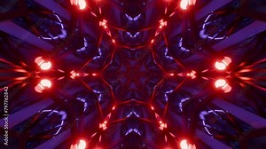 Symmetrical kaleidoscopic pattern with rich red and purple hues creating an intricate design.