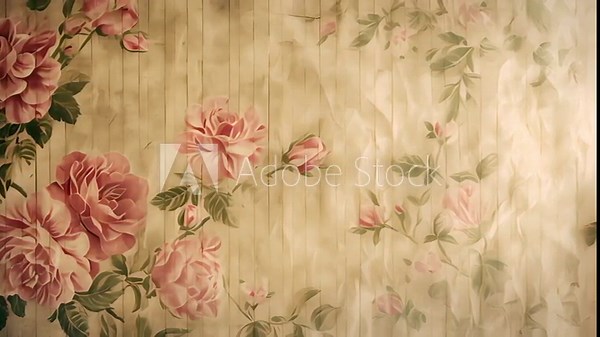 A floral wallpaper with pink roses and green leaves. The wallpaper has a vintage feel to it. The flowers are arranged in a way that creates a sense of movement and flow. Scene is one of warmth