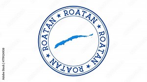 Roatan intro. Badge with the circular name and map of the island. Roatan round logo animation.