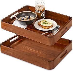 Acacia Wooden Serving Trays with Handles for Eating, Appetizers, Food, Snacks, or Home Decor, Large Wood Bed Tray or TV Tray, Decorative Ottoman or Coffee Table Accessory, 17x13 inch, Set of 2
