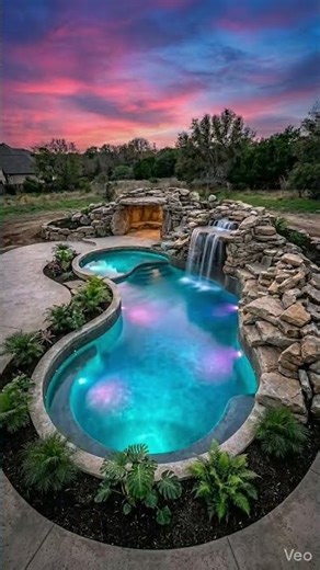 Natural Stone Lagoon Pool with Waterfall & LED Lights