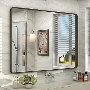 44x36 Bronze Bathroom Mirror, Brushed Metal Bathroom Vanity Mirrors for Wall, Rounded Corner Bronze Rectangle Mirror for Farmhouse, Bedroom, Anti-Rust (Horizontal/Vertical)